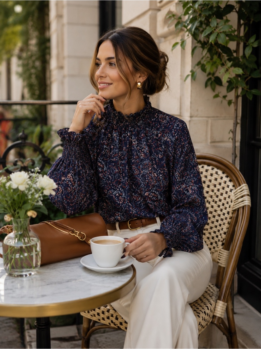 Reitmans Navy Smocked Neck Floral Blouse